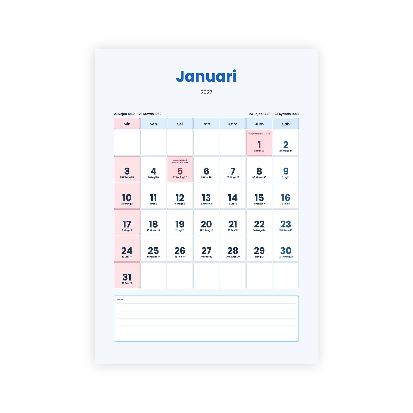 Kalender Aesthetic Modern Blue 2027