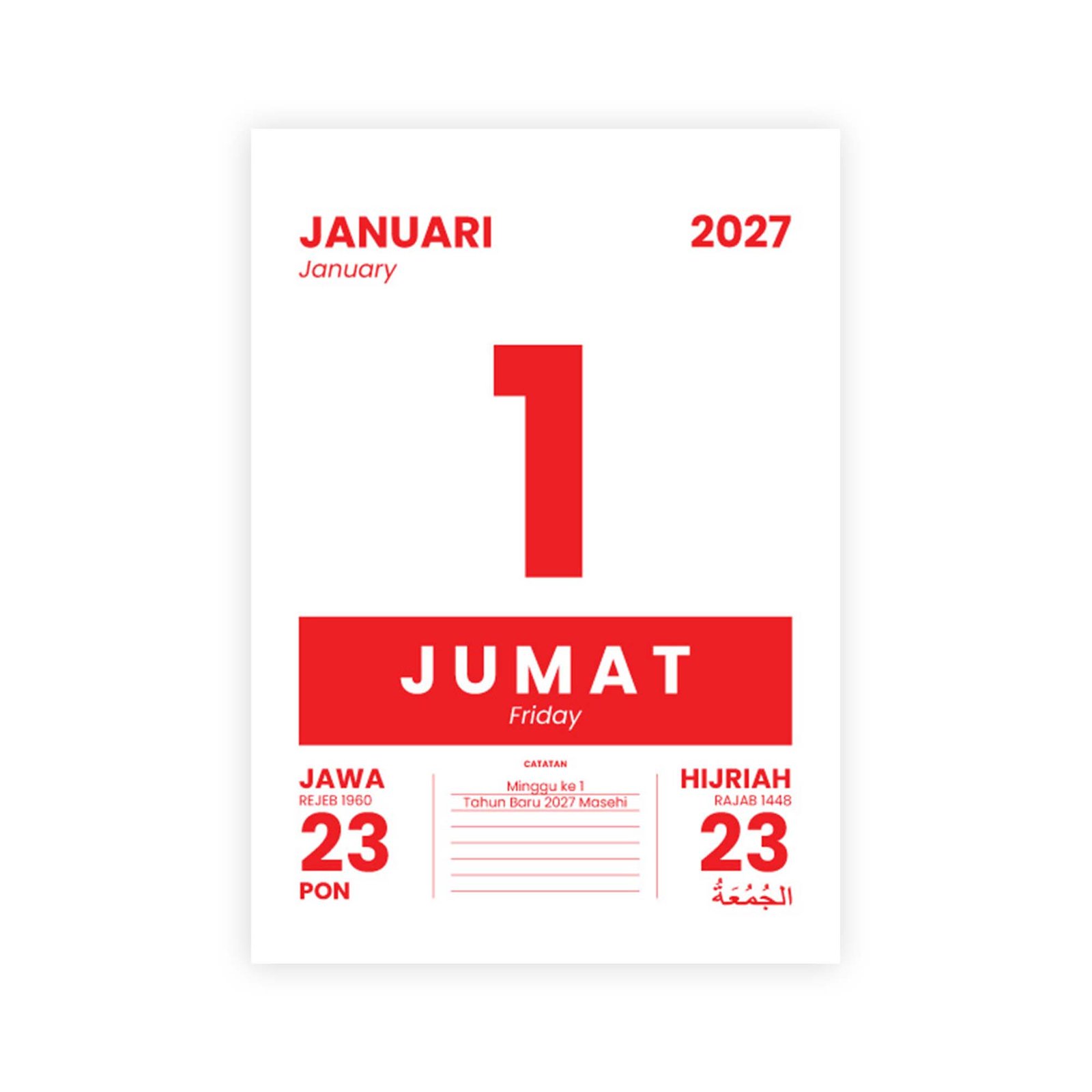 kalender sobek 2027 tanpa cina